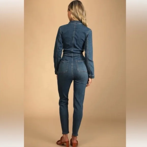 Free People Lennox Zip Front Denim Jean Jumpsuit Size Large Long Sleeve Utility